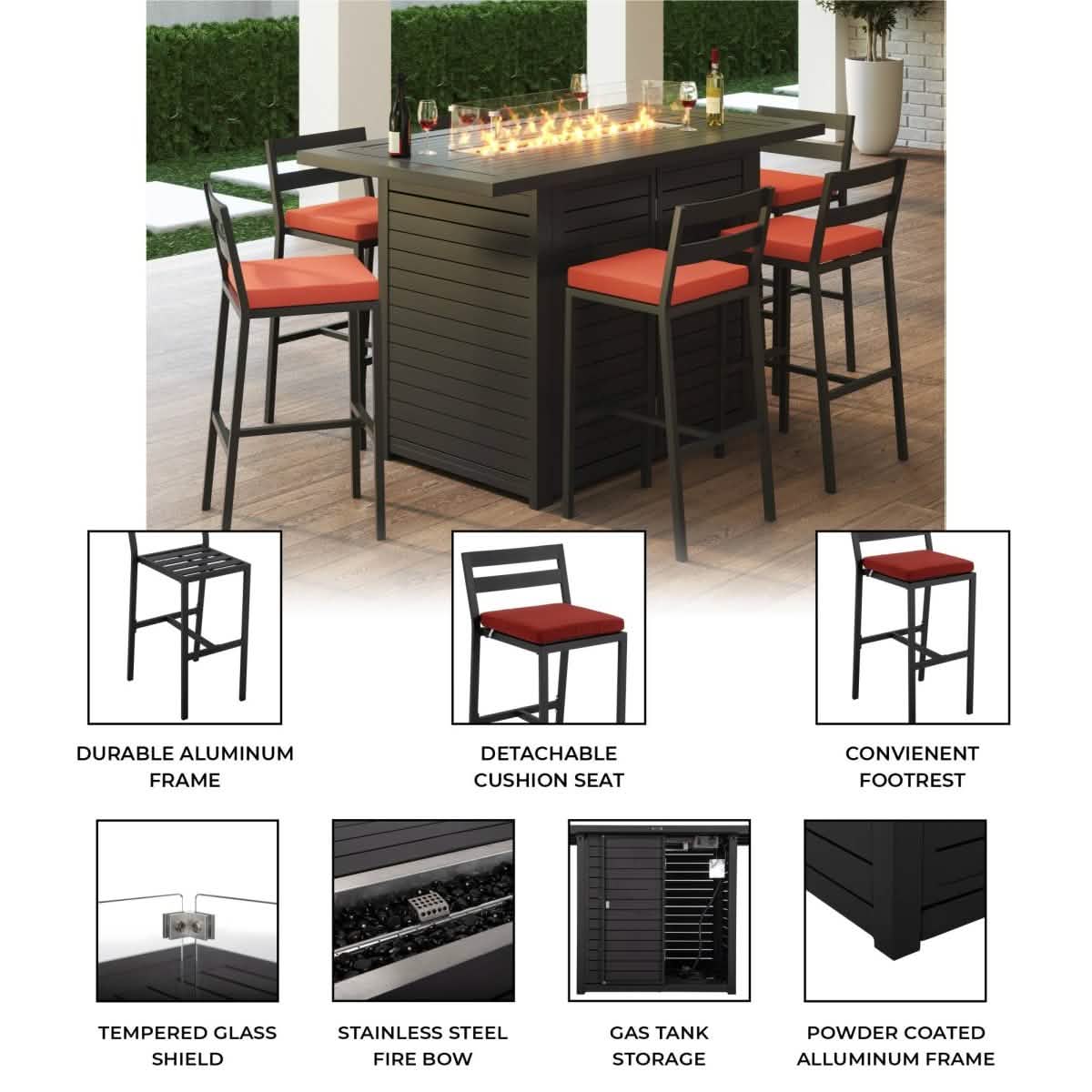 Chelsea 5-Piece Patio Bar Set: Aluminum Fire Pit Table with Tank Holder & 4 Barstools with Cushions Dining Set Leisuremod