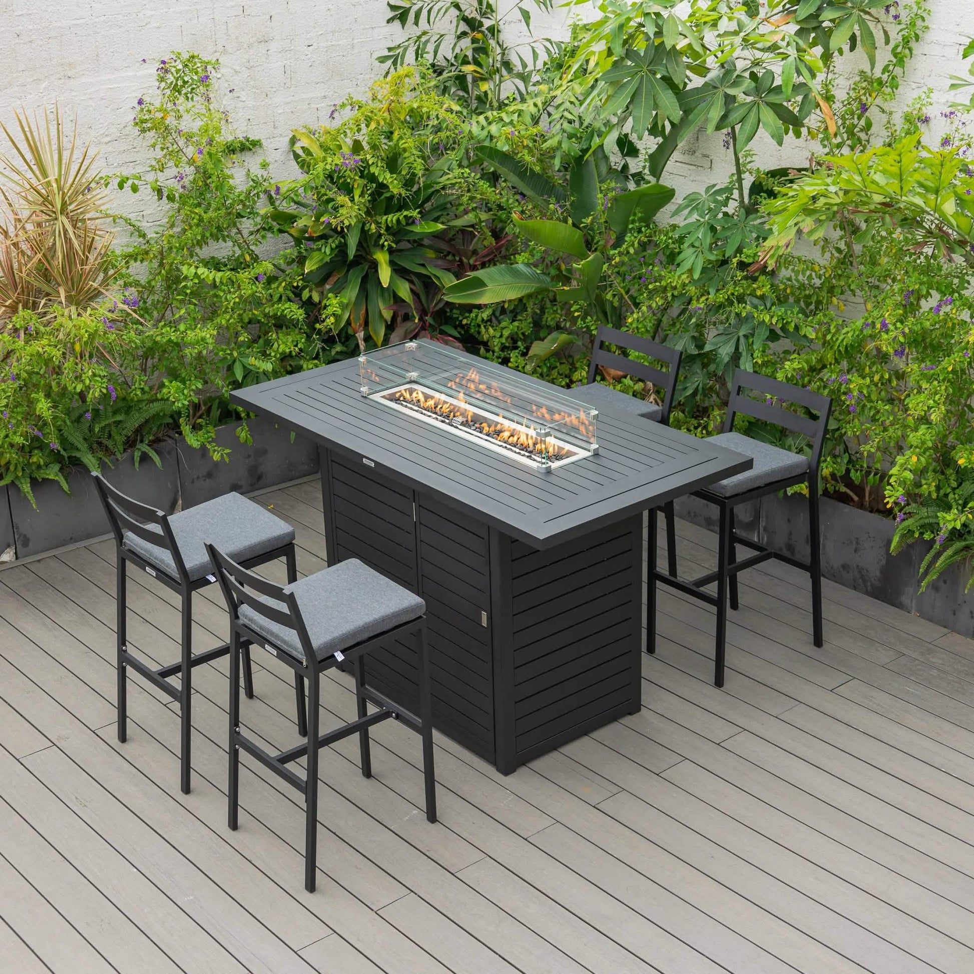 Chelsea 5-Piece Patio Bar Set: Aluminum Fire Pit Table with Tank Holder & 4 Barstools with Cushions Dining Set Leisuremod