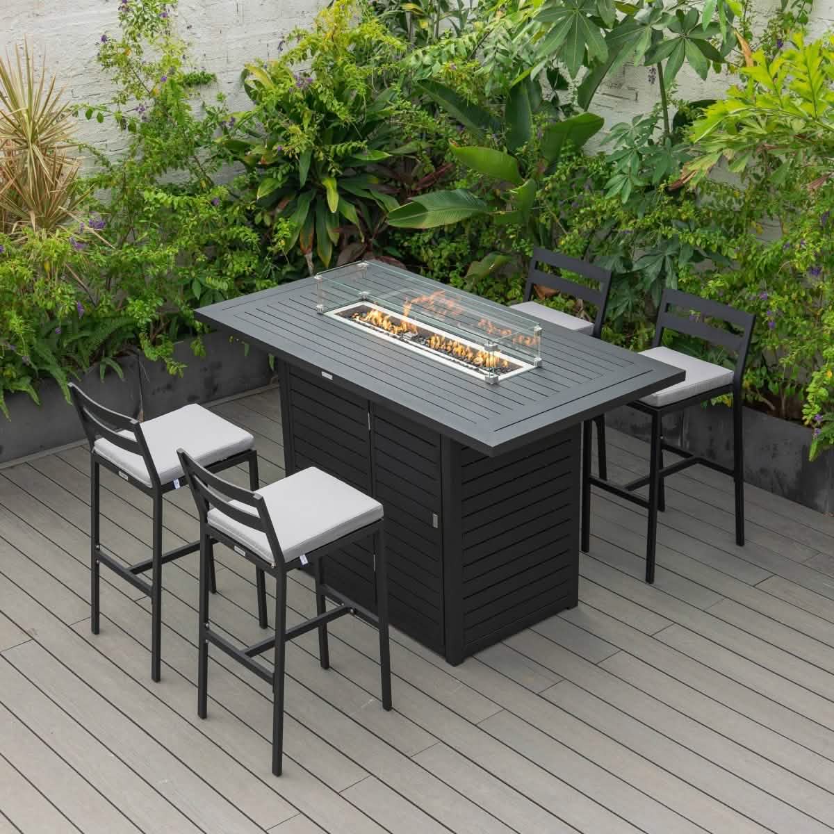 Chelsea 5-Piece Patio Bar Set: Aluminum Fire Pit Table with Tank Holder & 4 Barstools with Cushions Dining Set Leisuremod