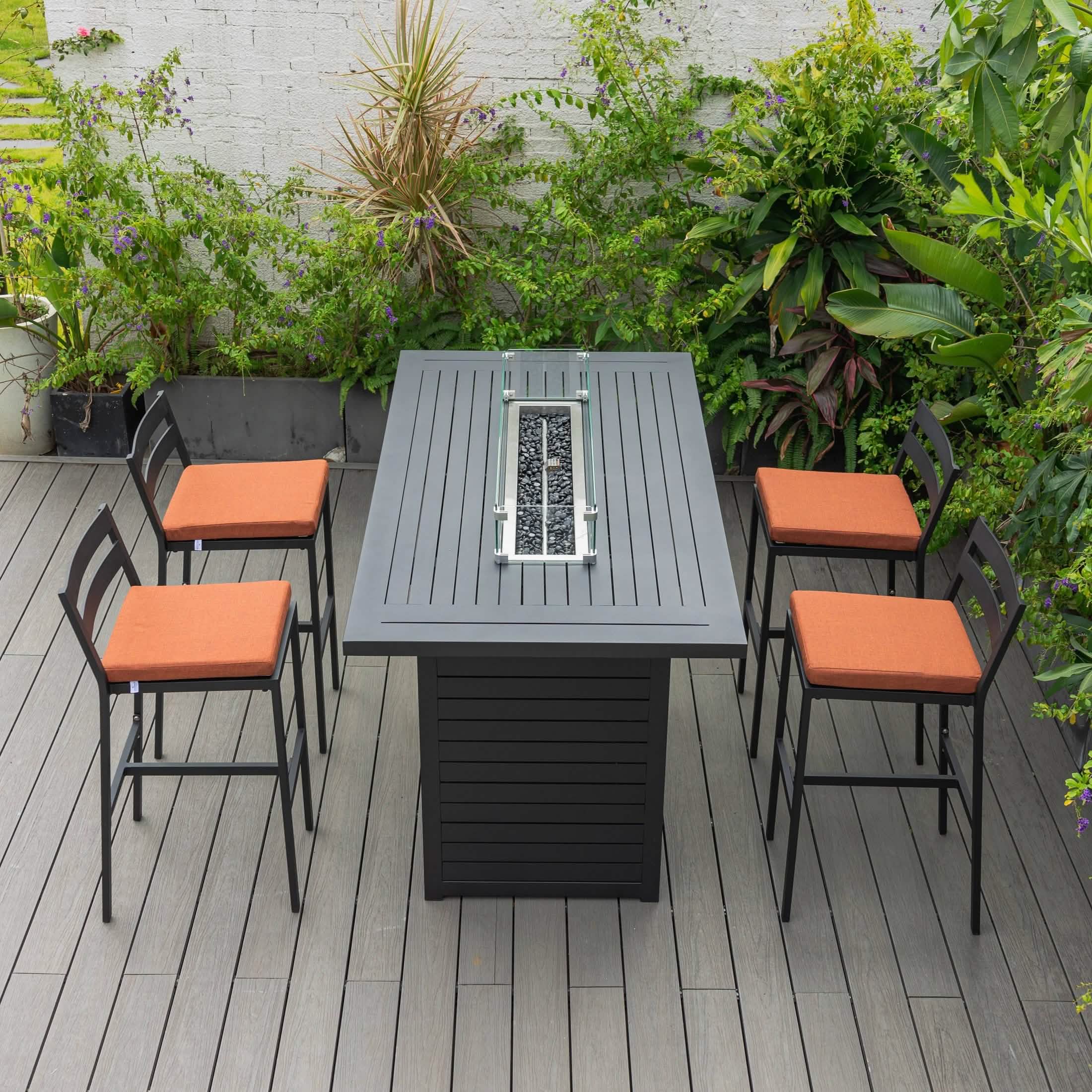 Chelsea 5-Piece Patio Bar Set: Aluminum Fire Pit Table with Tank Holder & 4 Barstools with Cushions Dining Set Leisuremod