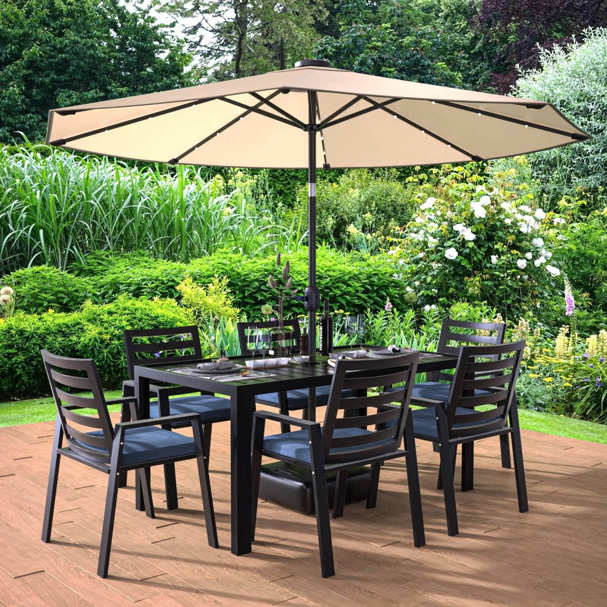 Chelsea 7 - Piece Modern Outdoor Dining Set in Black Aluminum with Removable Cushions