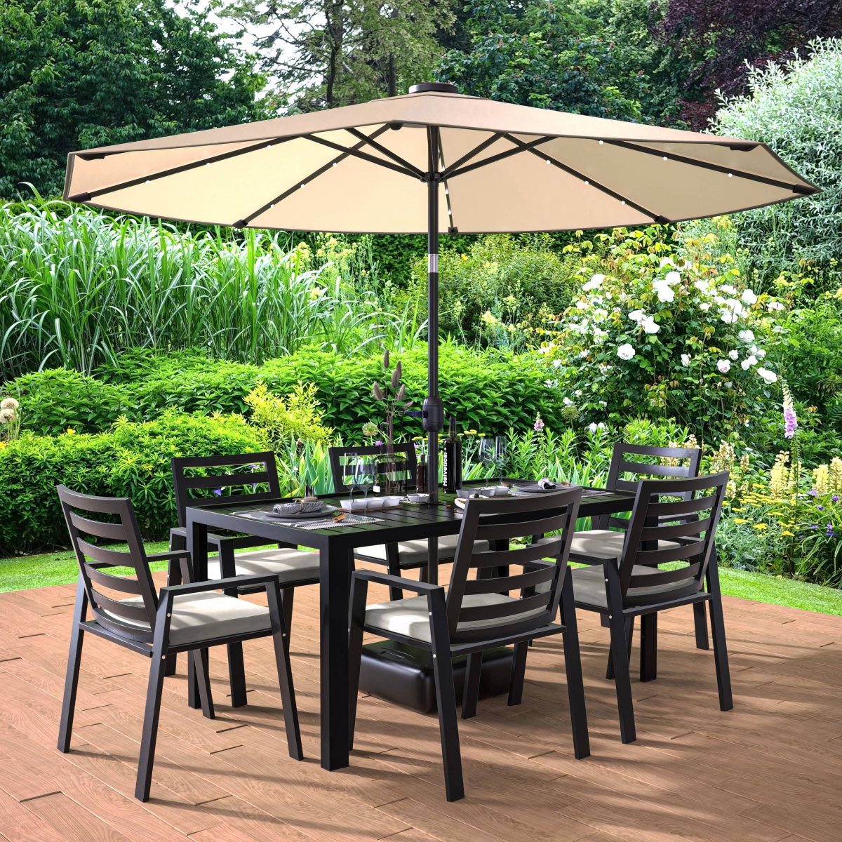 Chelsea 7 - Piece Modern Outdoor Dining Set in Black Aluminum with Removable Cushions