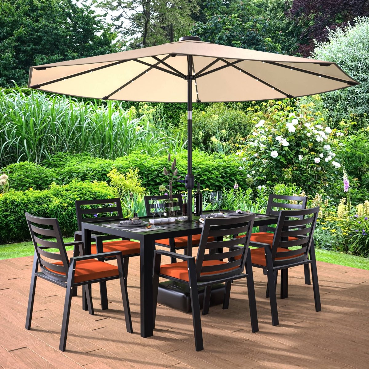 Chelsea 7 - Piece Modern Outdoor Dining Set in Black Aluminum with Removable Cushions
