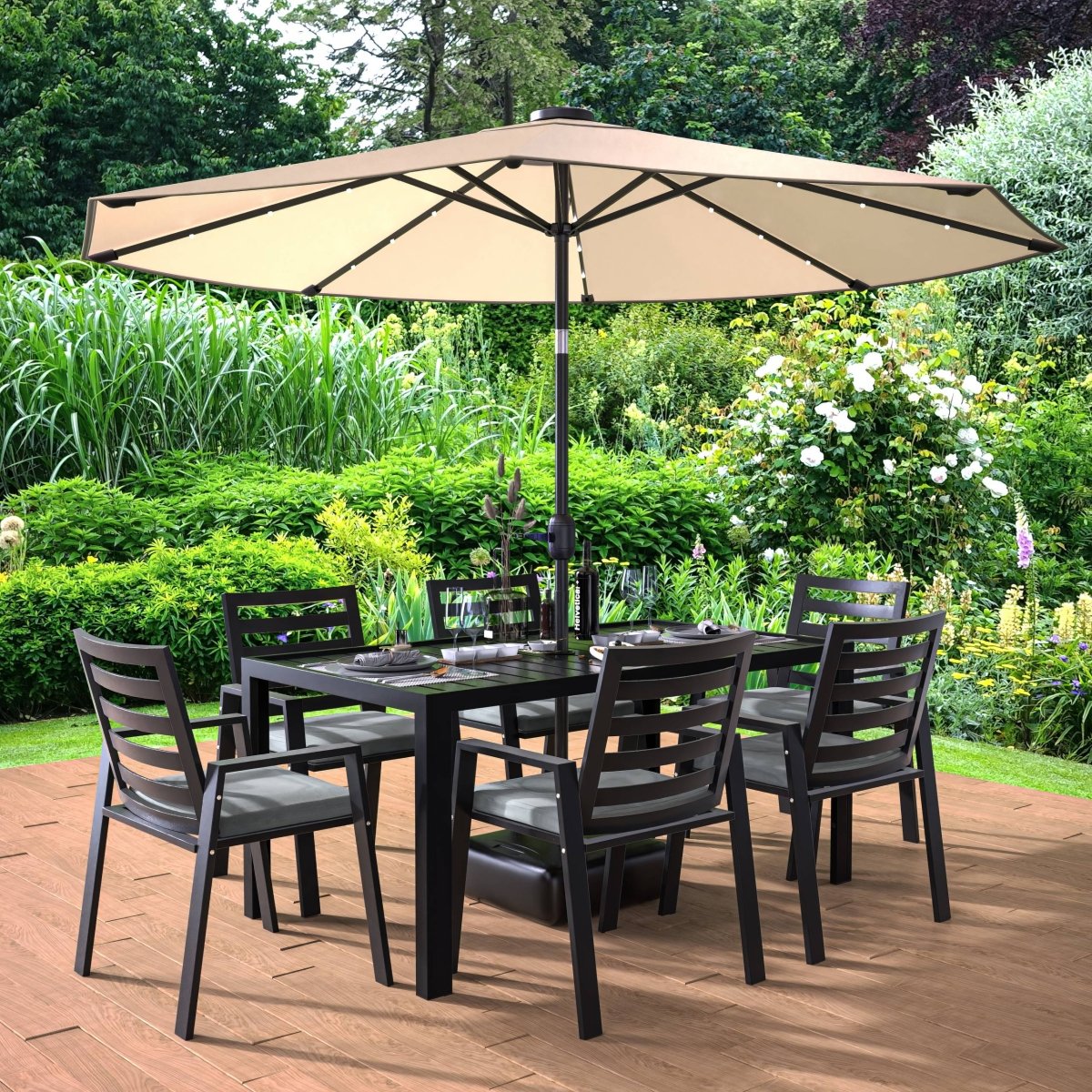 Chelsea 7 - Piece Modern Outdoor Dining Set in Black Aluminum with Removable Cushions