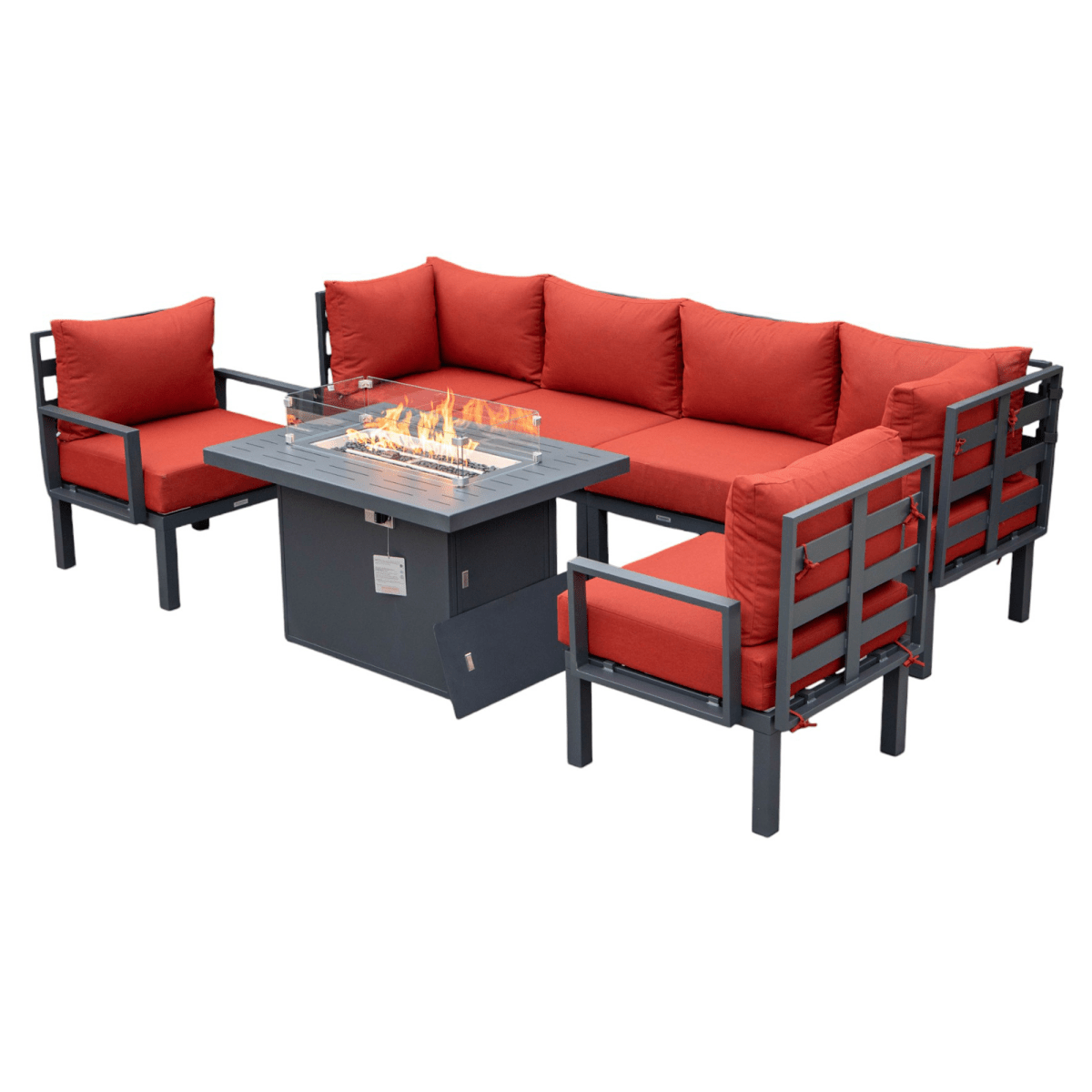 Chelsea 7-Piece Patio Sectional Set in Black Aluminum with Fire Pit Table Orange Leisuremod