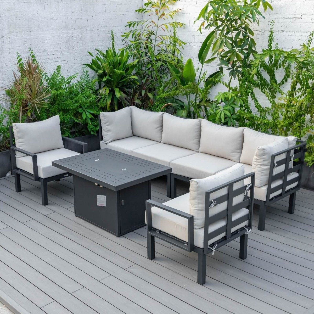 Chelsea 7 - Piece Patio Sectional Set in Black Aluminum with Fire Pit Table