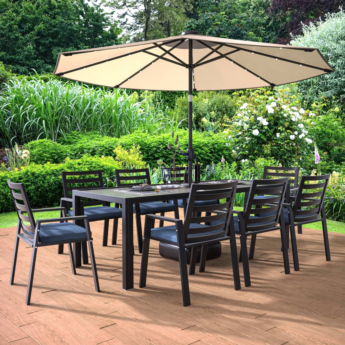 Chelsea 9 - Piece Modern Outdoor Dining Set in Black Aluminum with Removable Cushions