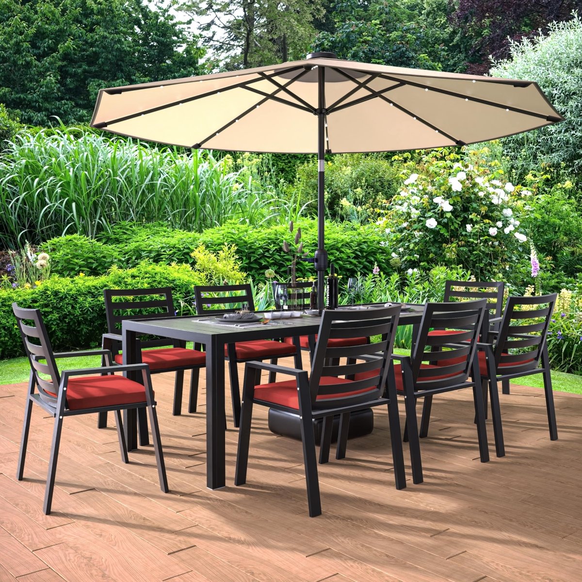 Chelsea 9 - Piece Modern Outdoor Dining Set in Black Aluminum with Removable Cushions
