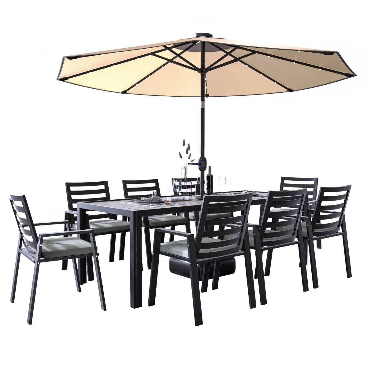 Chelsea 9 - Piece Modern Outdoor Dining Set in Black Aluminum with Removable Cushions