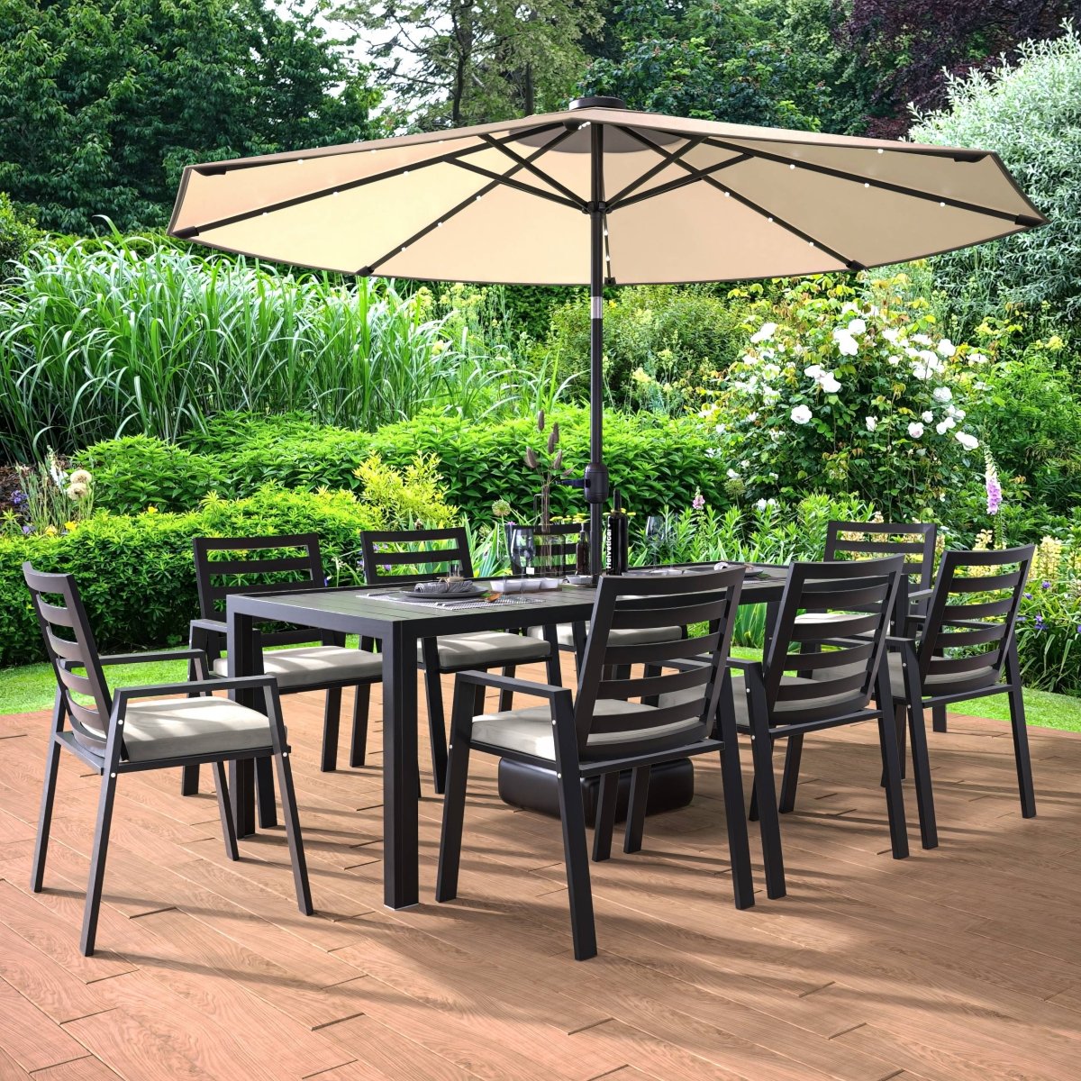 Chelsea 9 - Piece Modern Outdoor Dining Set in Black Aluminum with Removable Cushions