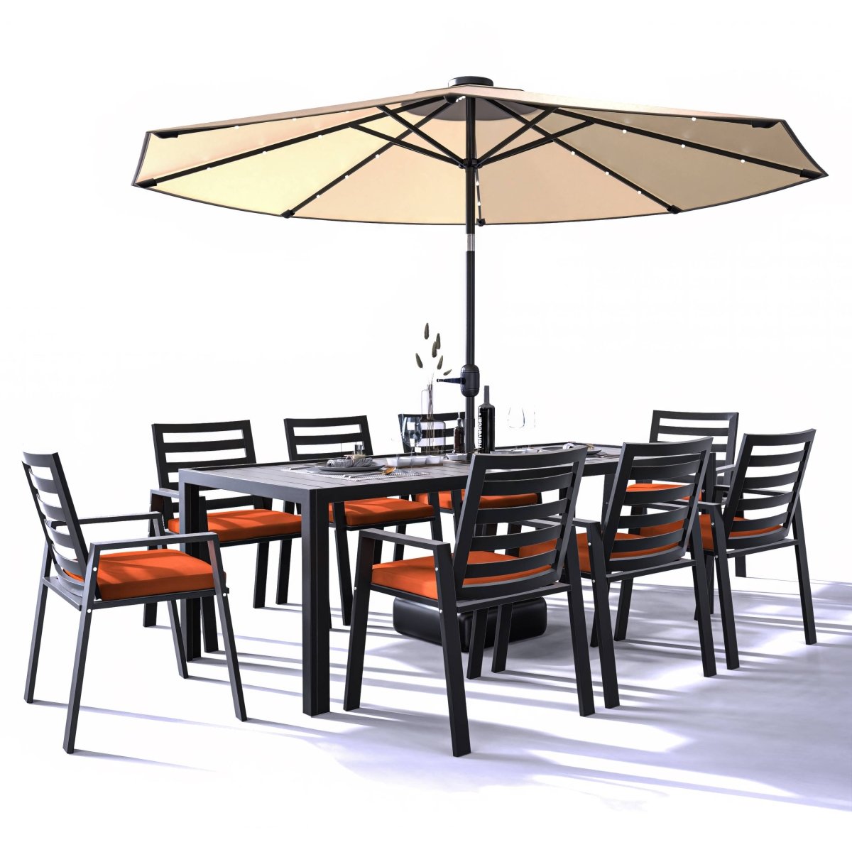 Chelsea 9 - Piece Modern Outdoor Dining Set in Black Aluminum with Removable Cushions