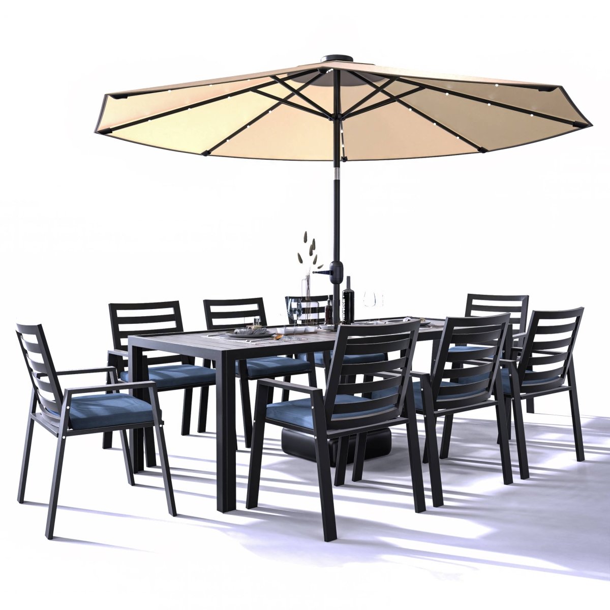 Chelsea 9 - Piece Modern Outdoor Dining Set in Black Aluminum with Removable Cushions