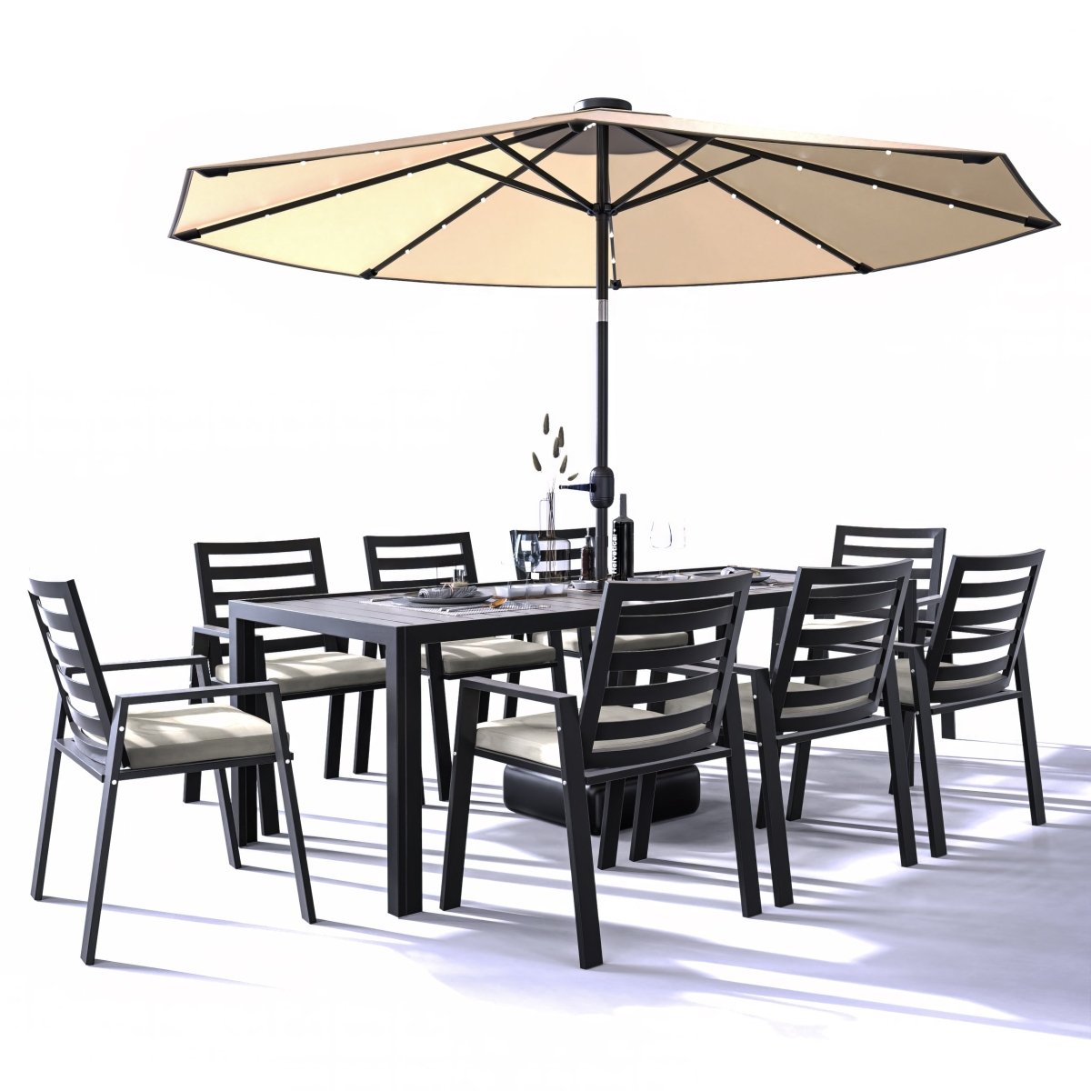 Chelsea 9 - Piece Modern Outdoor Dining Set in Black Aluminum with Removable Cushions