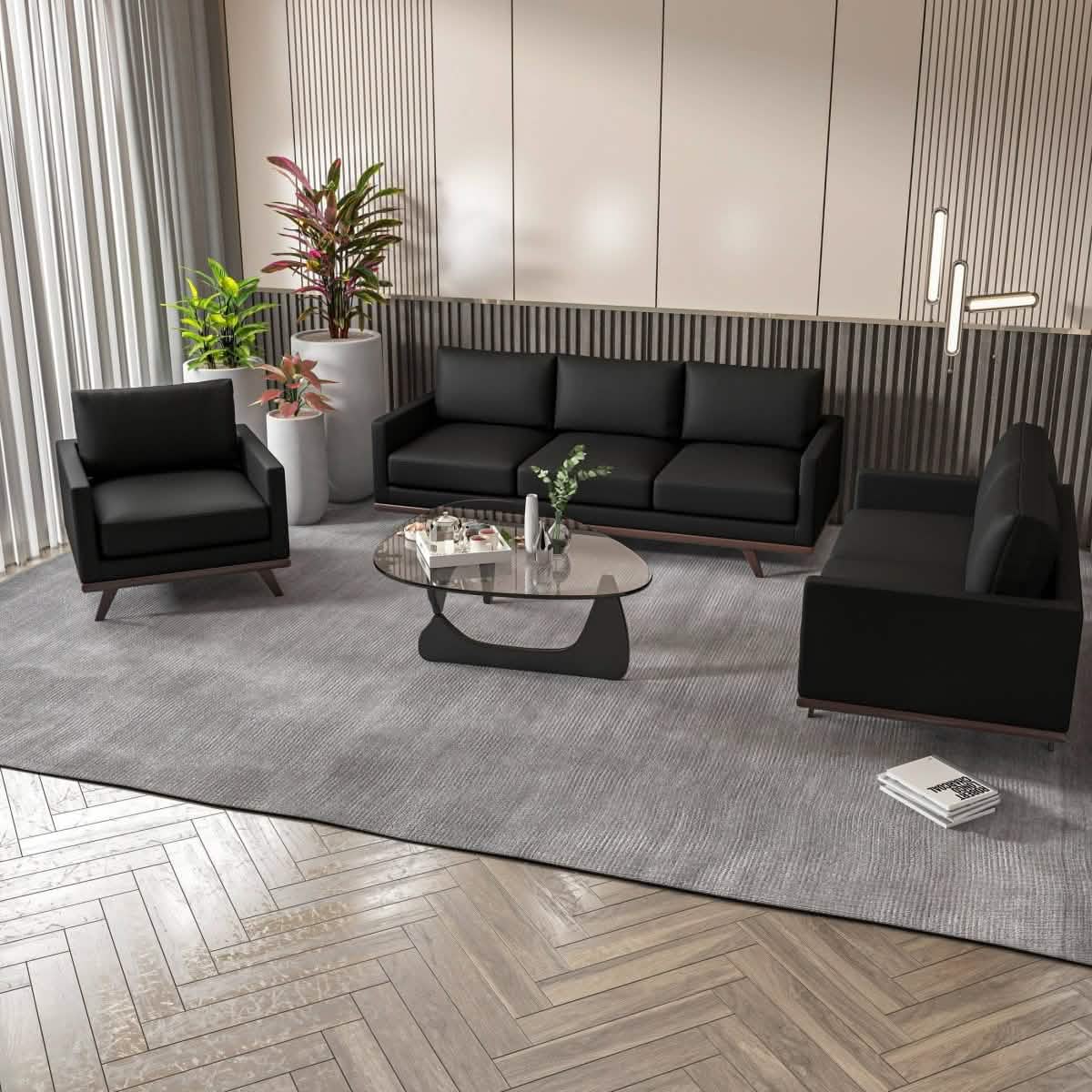 Chester 3 - Piece Leather Living Room Sofa Set with Birch Wood Base