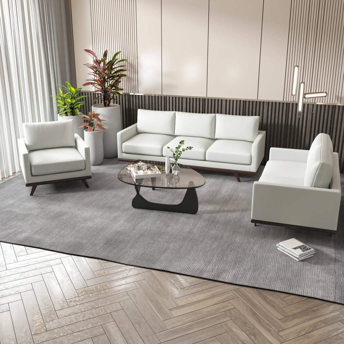 Chester 3 - Piece Leather Living Room Sofa Set with Birch Wood Base
