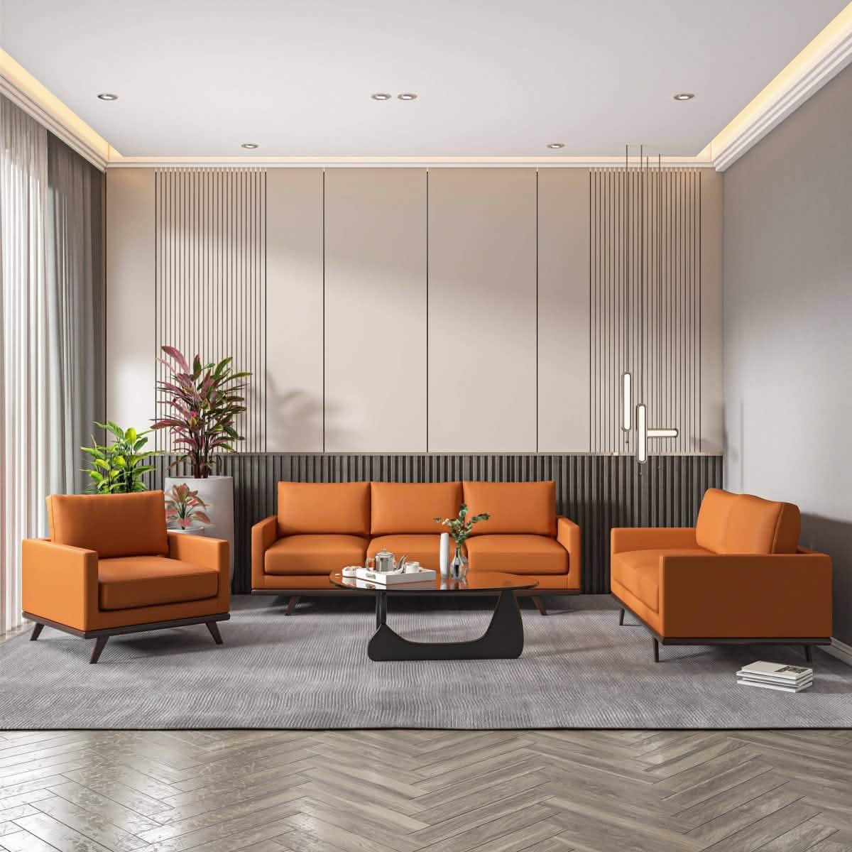 Chester 3 - Piece Leather Living Room Sofa Set with Birch Wood Base