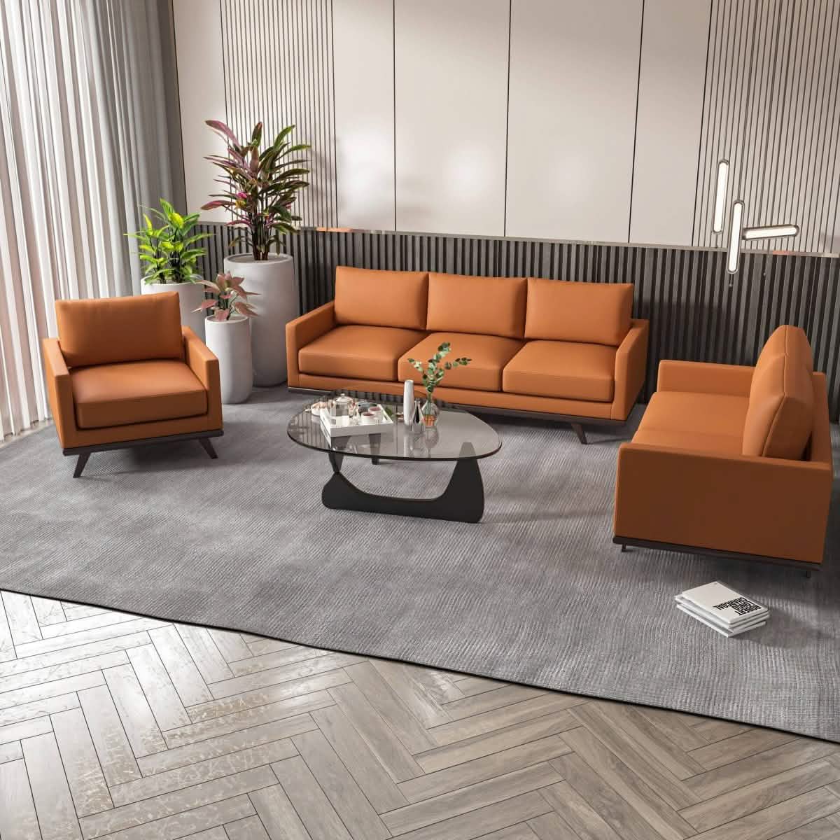Chester 3 - Piece Leather Living Room Sofa Set with Birch Wood Base