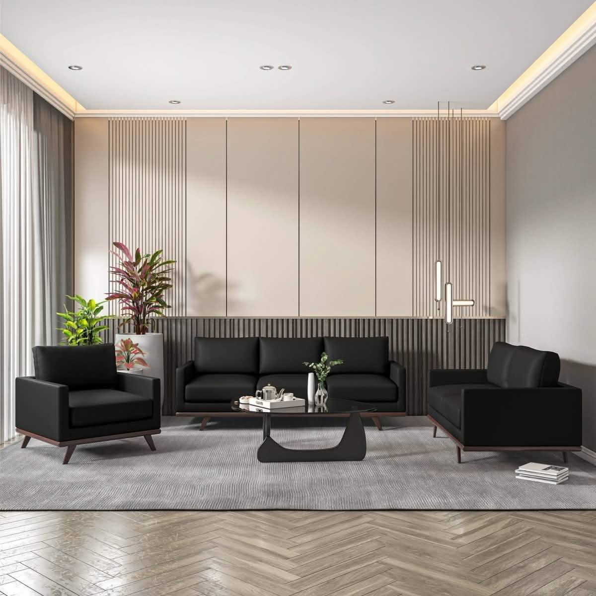 Chester 3 - Piece Leather Living Room Sofa Set with Birch Wood Base