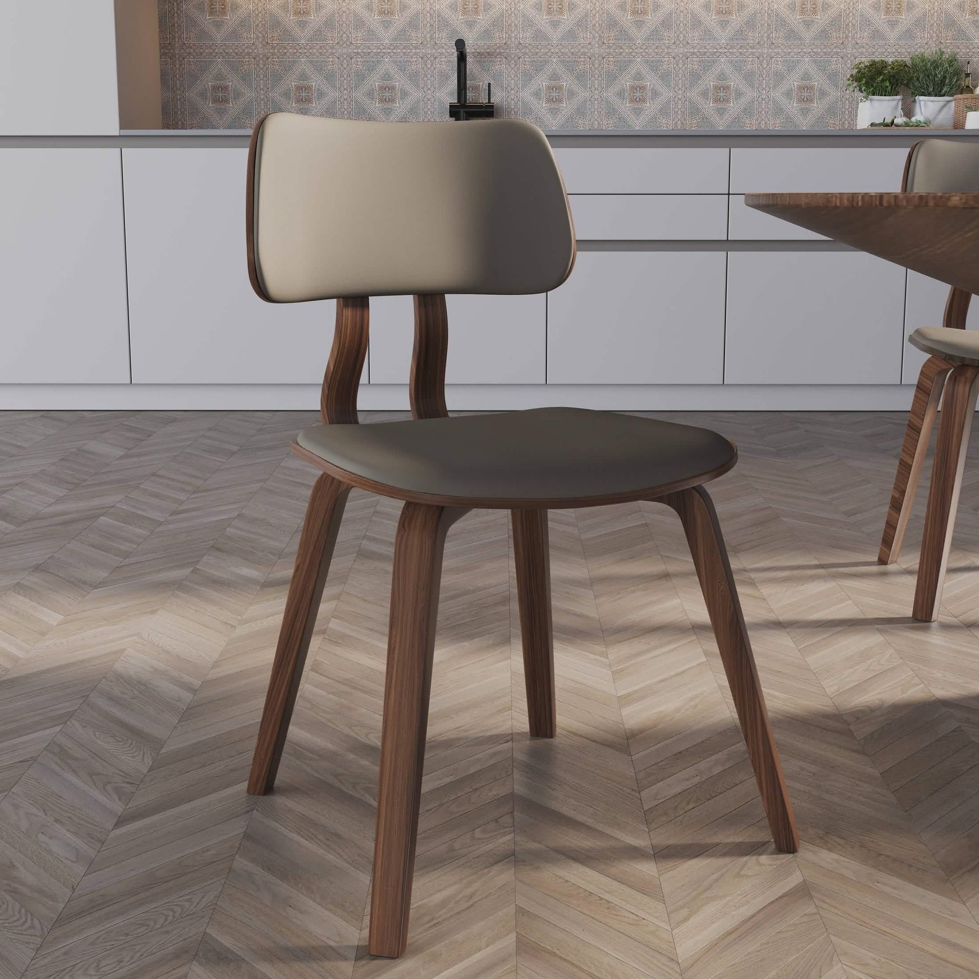 Clivo Modern Wooden Dining Chair Upholstered in Leather With Walnut Color Frame