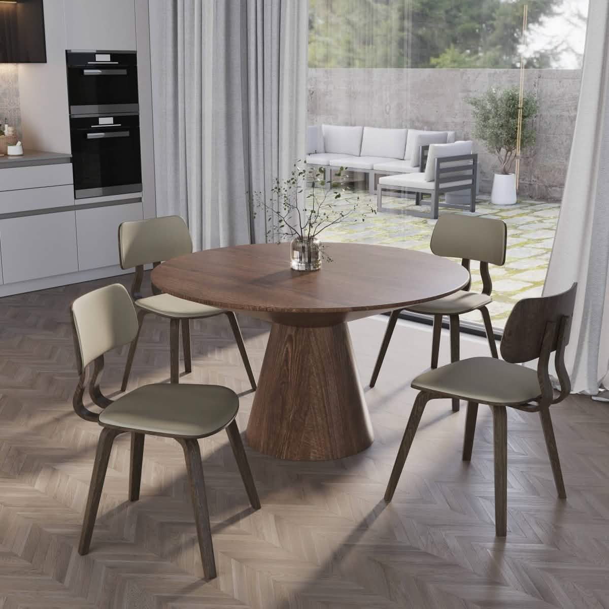 Clivo Modern Wooden Dining Chair Upholstered in Leather With Walnut Color Frame