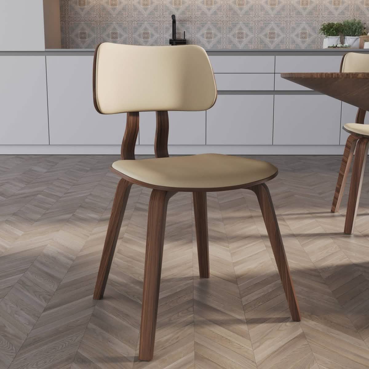 Clivo Modern Wooden Dining Chair Upholstered in Leather With Walnut Color Frame