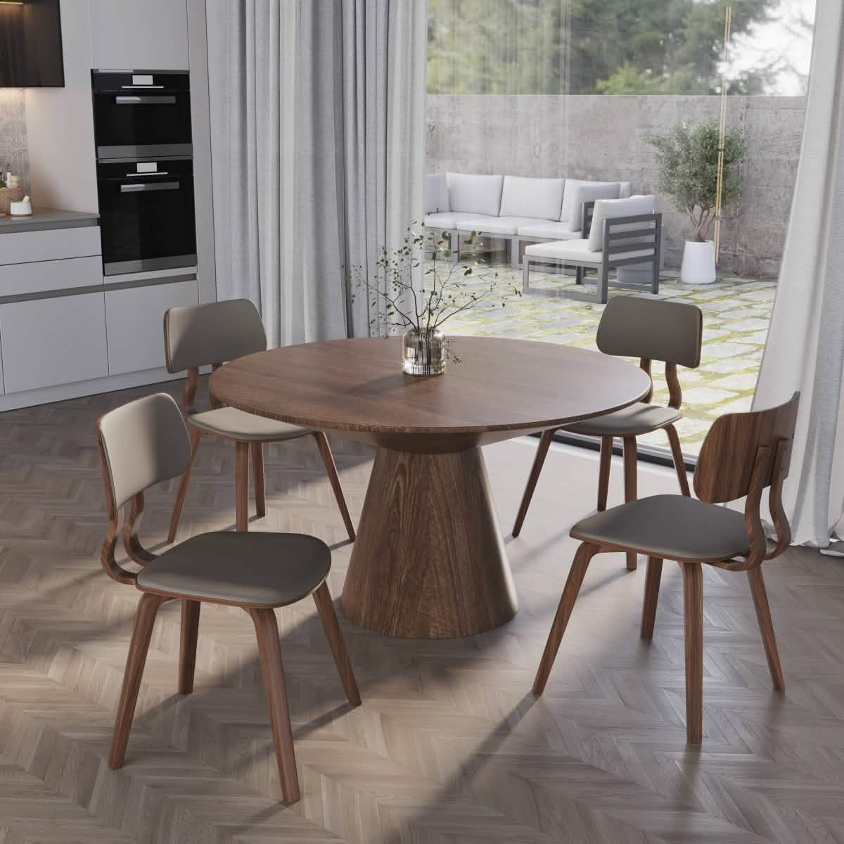 Clivo Modern Wooden Dining Chair Upholstered in Leather With Walnut Color Frame