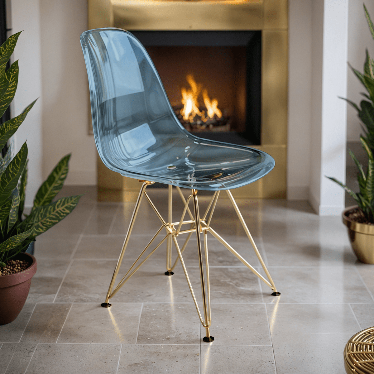 Cresco Modern Dining Side Chair in Curved Back Design with Multiple Base Options: Wood, Acrylic, Chrome & Gold Eiffel Design