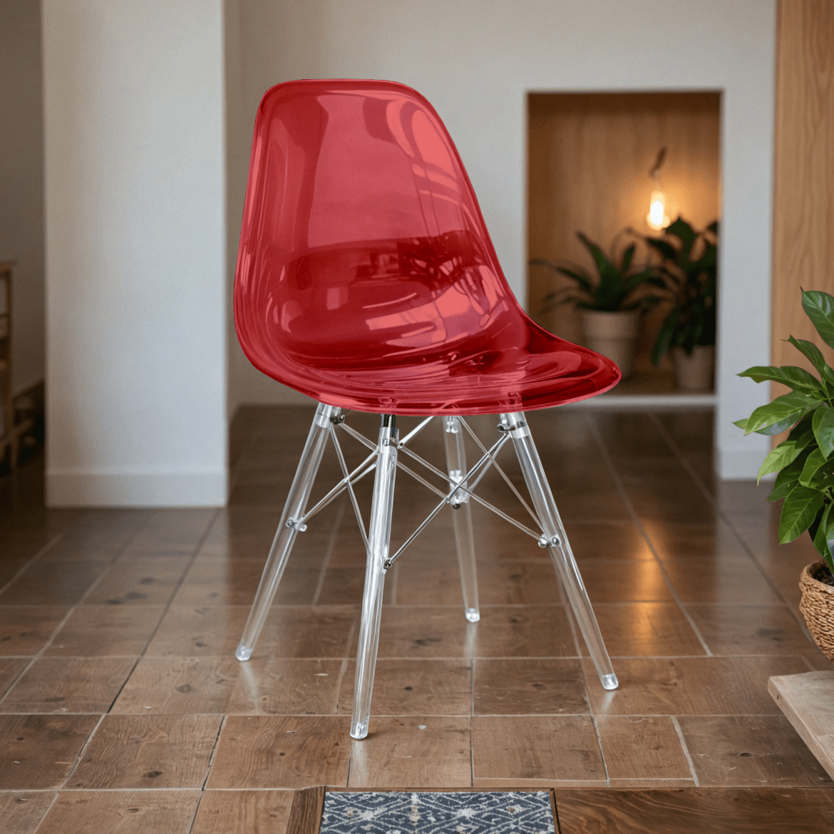 Cresco Modern Dining Side Chair in Curved Back Design with Multiple Base Options: Wood, Acrylic, Chrome & Gold Eiffel Design