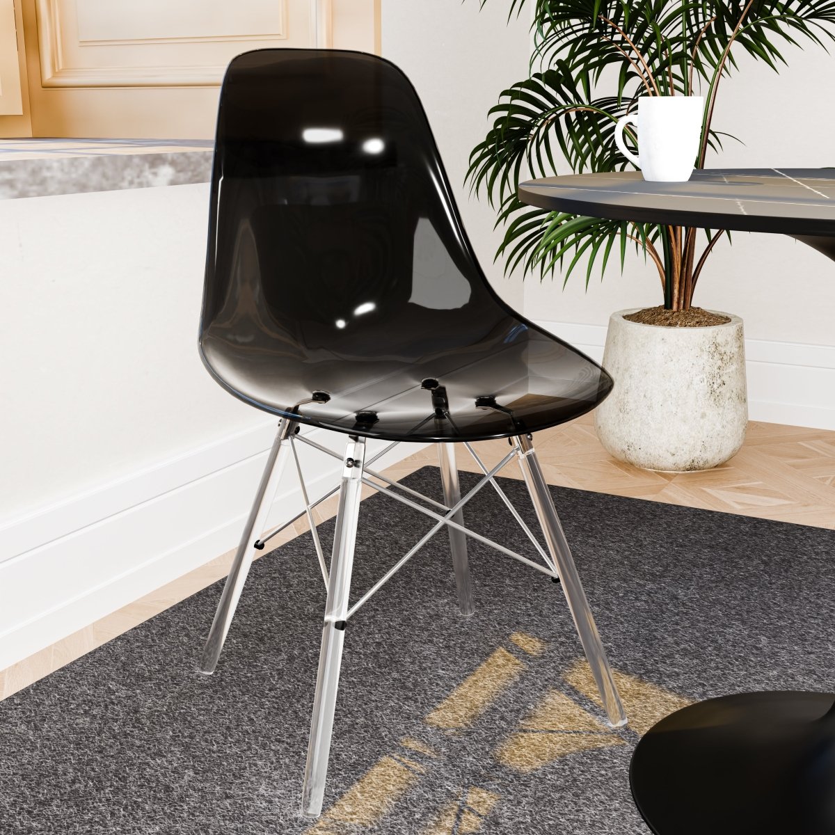 Cresco Modern Dining Side Chair in Curved Back Design with Multiple Base Options: Wood, Acrylic, Chrome & Gold Eiffel Design