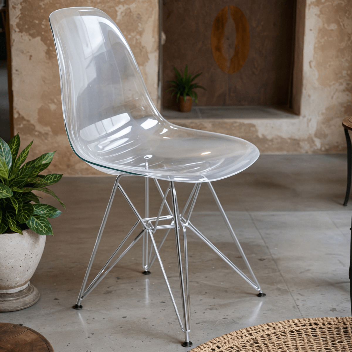 Cresco Modern Dining Side Chair in Curved Back Design with Multiple Base Options: Wood, Acrylic, Chrome & Gold Eiffel Design
