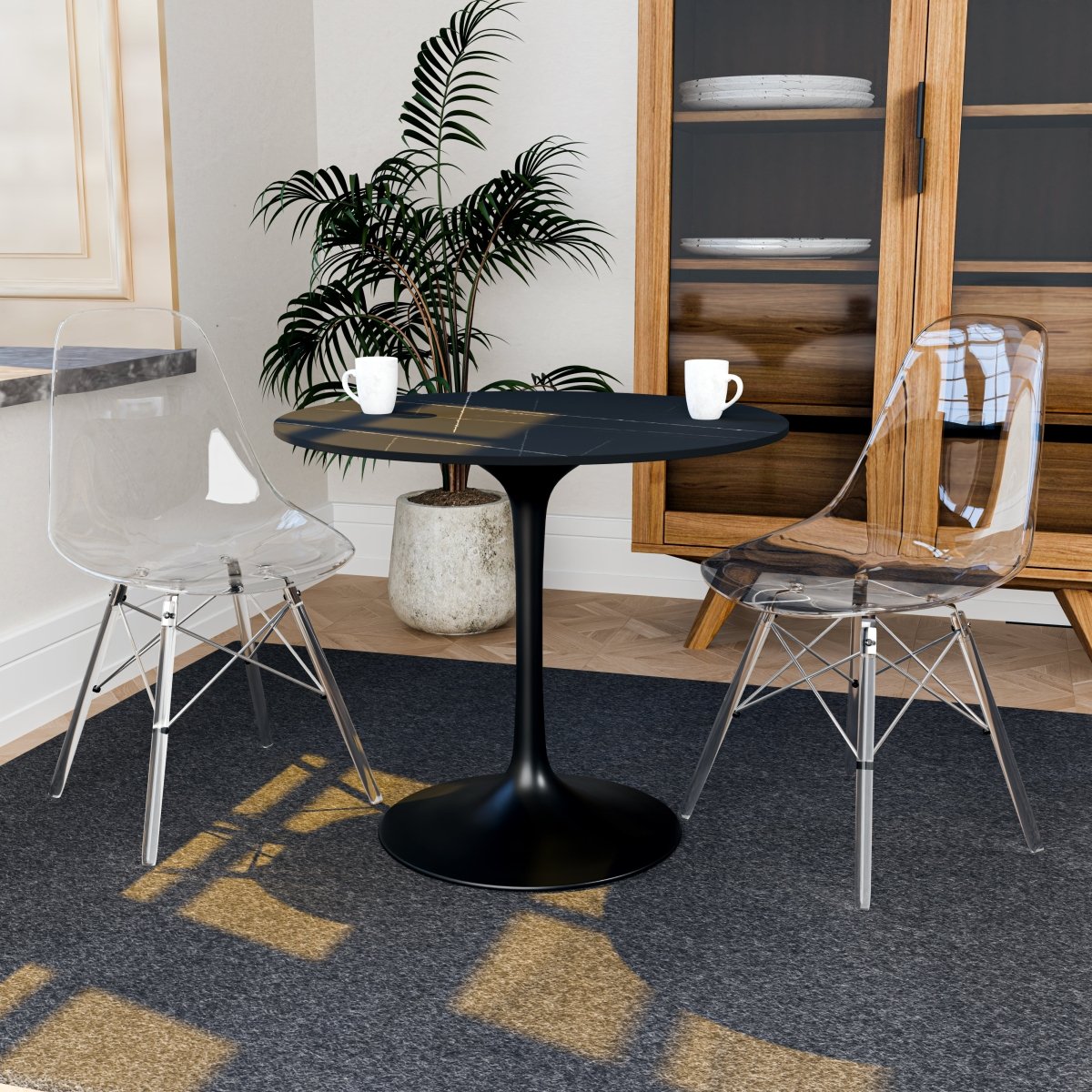 Cresco Modern Dining Side Chair in Curved Back Design with Multiple Base Options: Wood, Acrylic, Chrome & Gold Eiffel Design