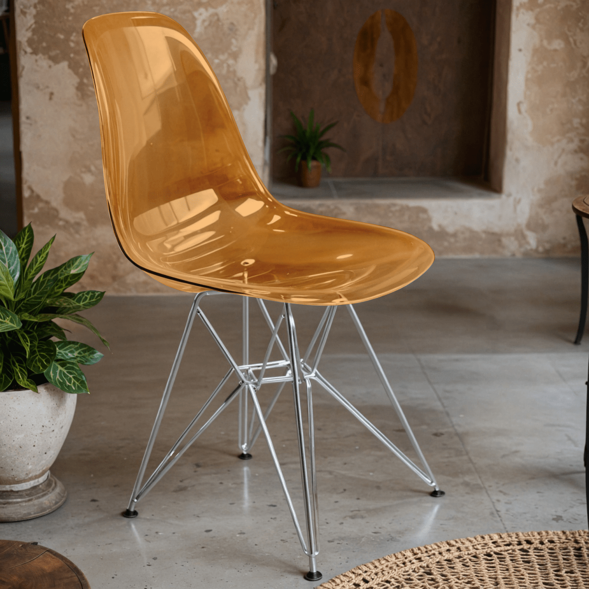 Cresco Modern Dining Side Chair in Curved Back Design with Multiple Base Options: Wood, Acrylic, Chrome & Gold Eiffel Design