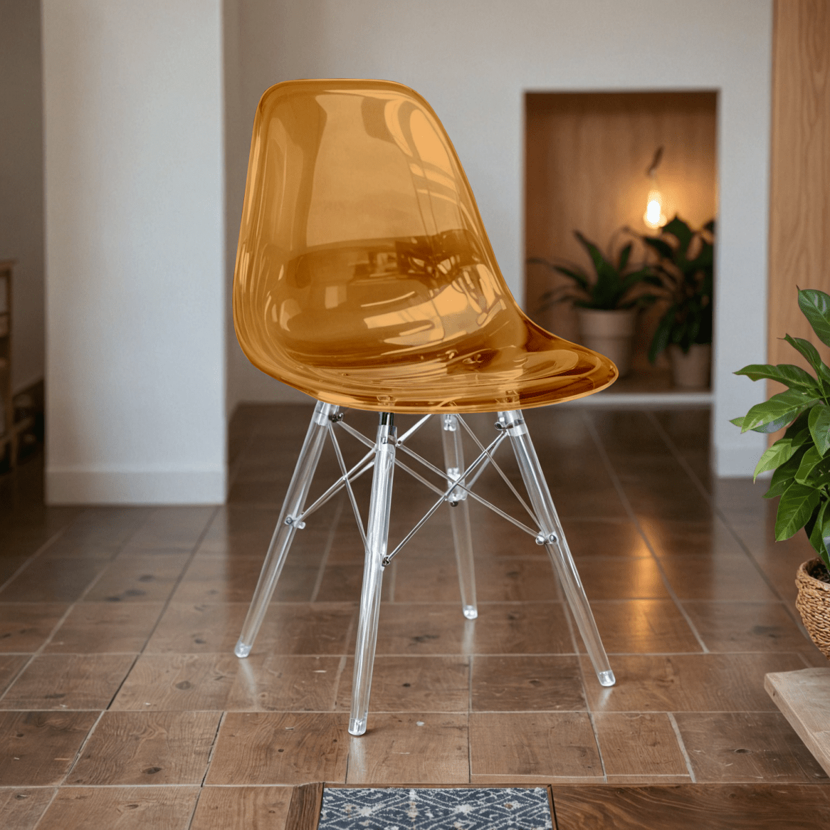 Cresco Modern Dining Side Chair in Curved Back Design with Multiple Base Options: Wood, Acrylic, Chrome & Gold Eiffel Design