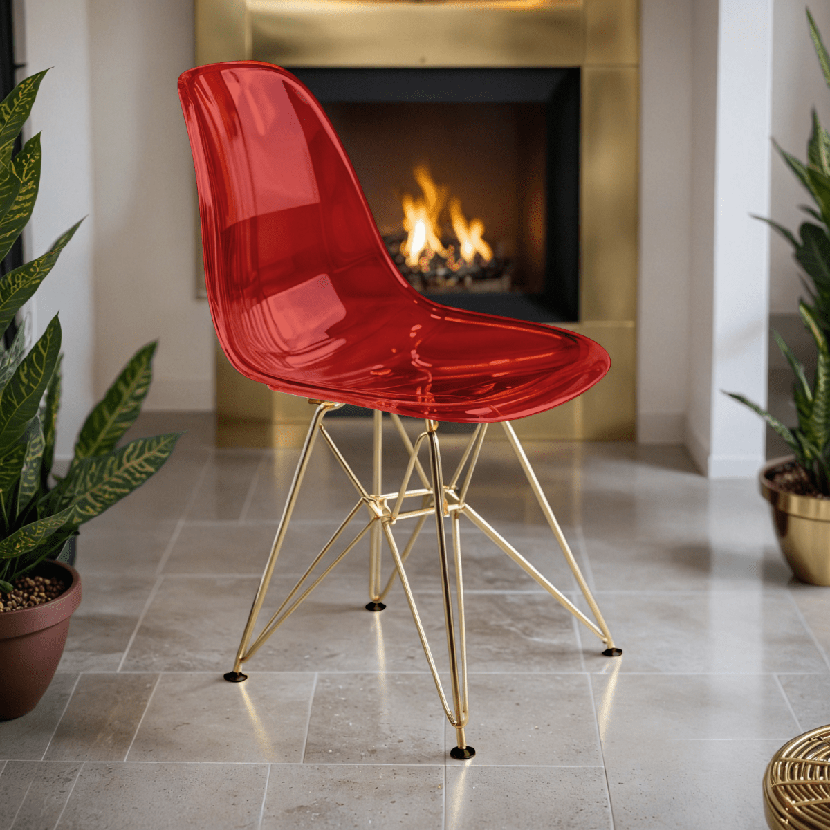 Cresco Modern Dining Side Chair in Curved Back Design with Multiple Base Options: Wood, Acrylic, Chrome & Gold Eiffel Design
