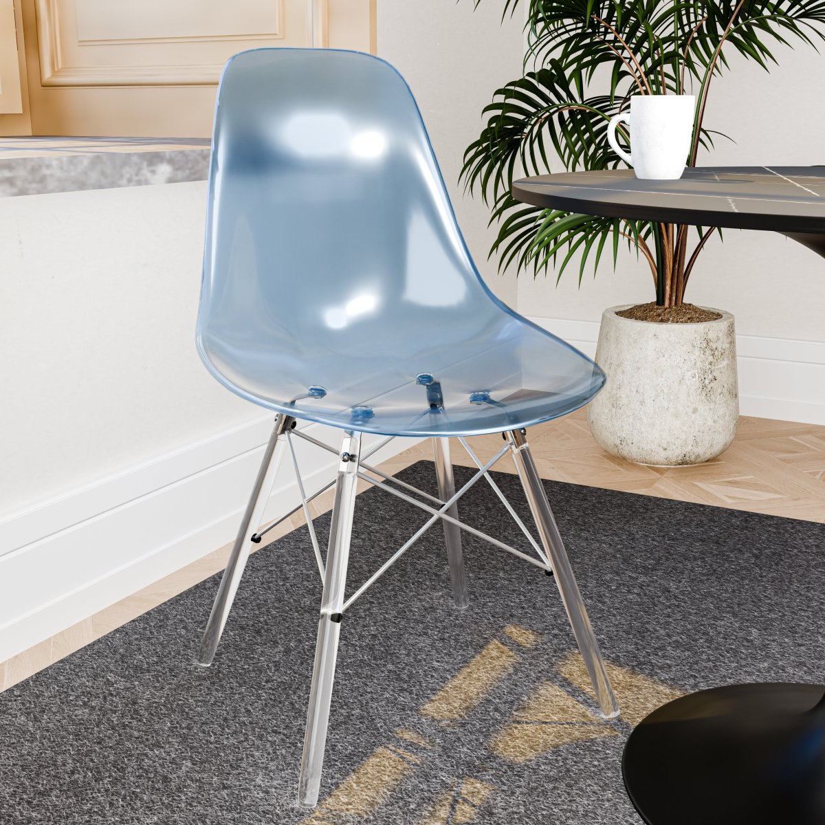 Cresco Modern Dining Side Chair in Curved Back Design with Multiple Base Options: Wood, Acrylic, Chrome & Gold Eiffel Design
