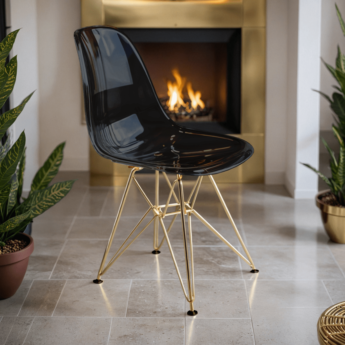 Cresco Modern Dining Side Chair in Curved Back Design with Multiple Base Options: Wood, Acrylic, Chrome & Gold Eiffel Design