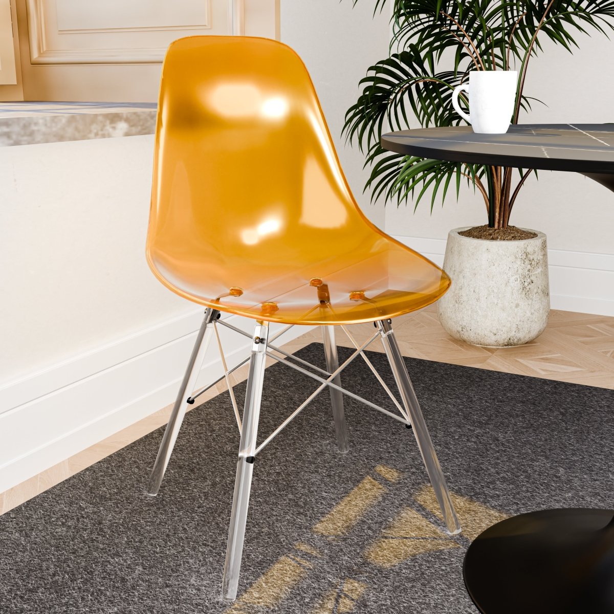 Cresco Modern Dining Side Chair in Curved Back Design with Multiple Base Options: Wood, Acrylic, Chrome & Gold Eiffel Design