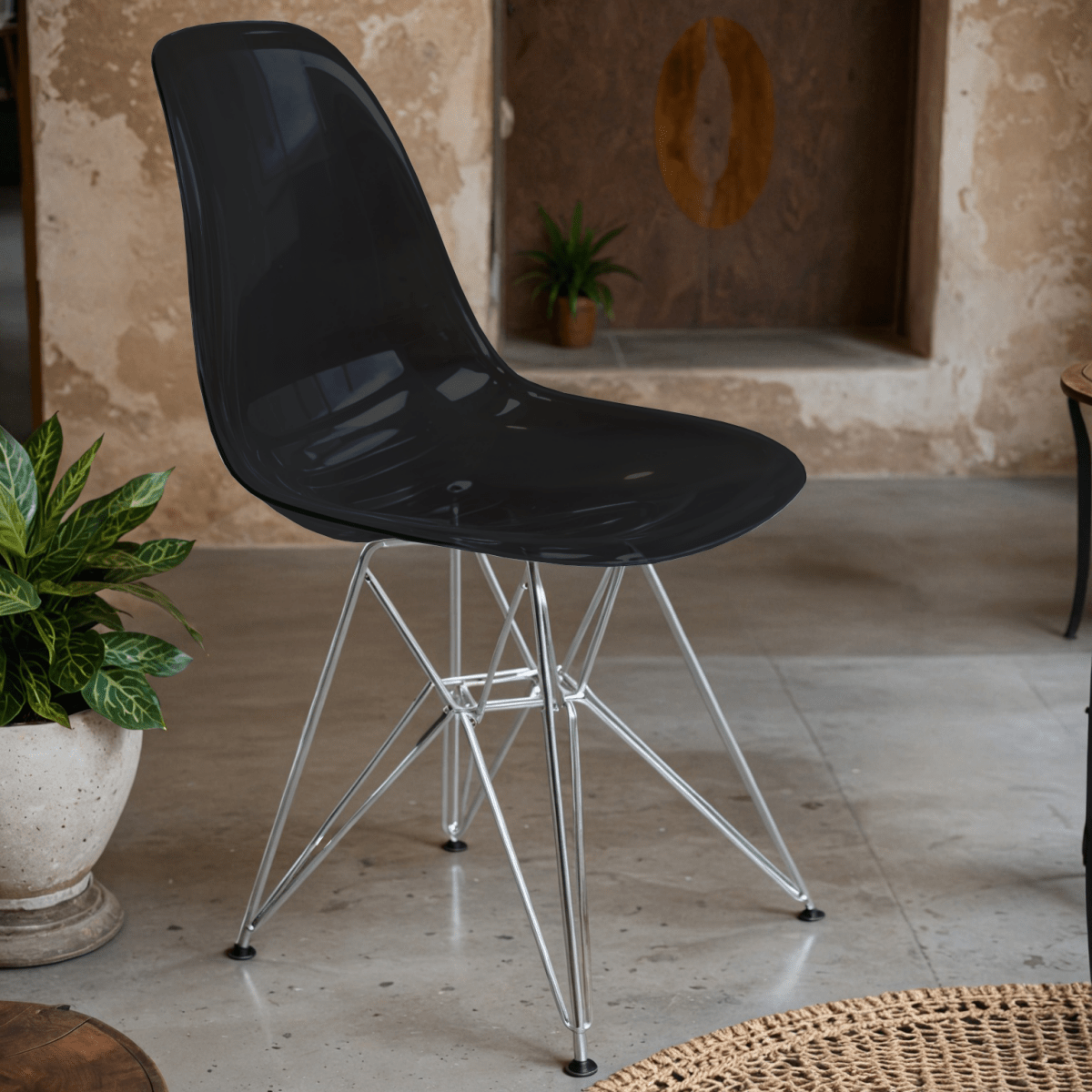 Cresco Modern Dining Side Chair in Curved Back Design with Multiple Base Options: Wood, Acrylic, Chrome & Gold Eiffel Design