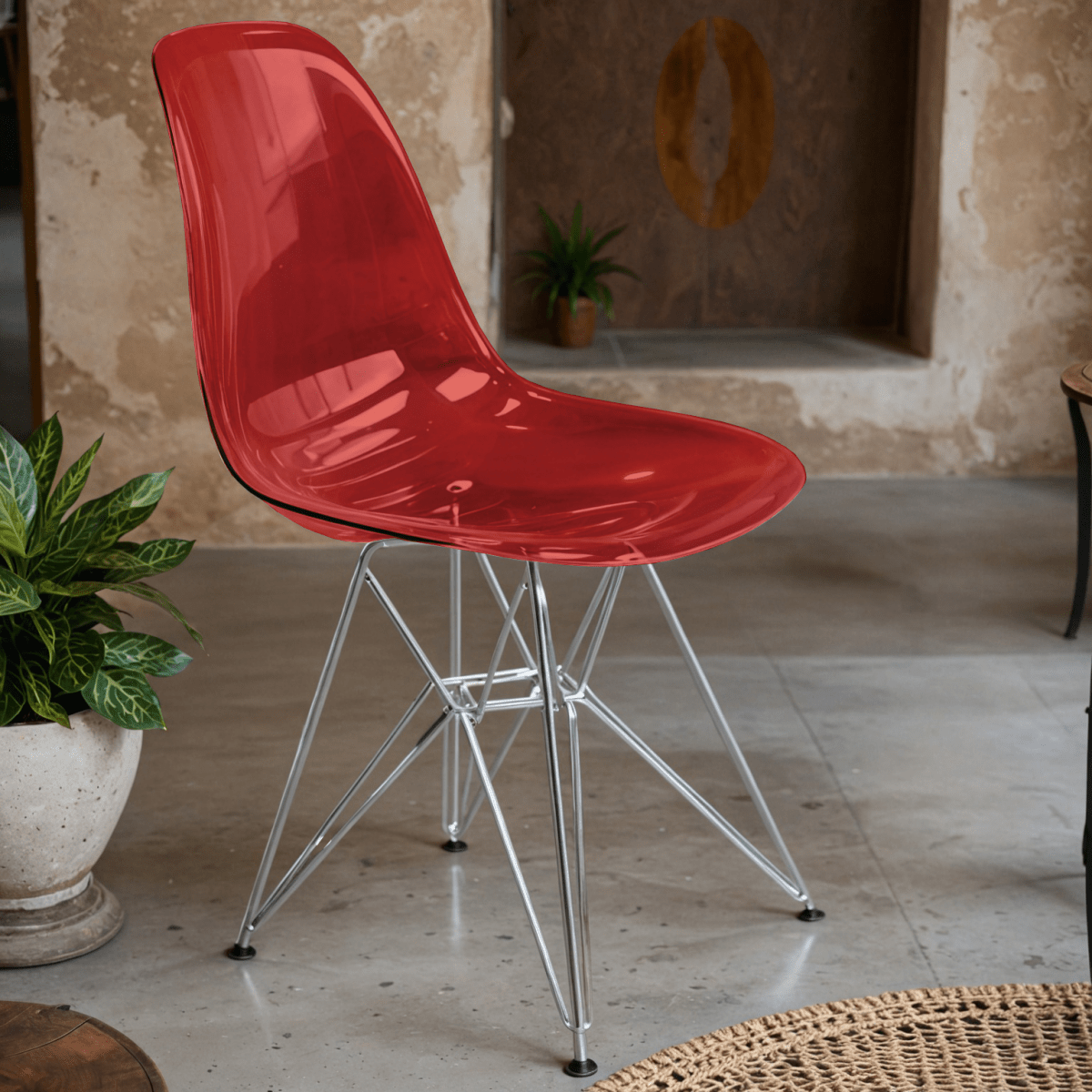 Cresco Modern Dining Side Chair in Curved Back Design with Multiple Base Options: Wood, Acrylic, Chrome & Gold Eiffel Design