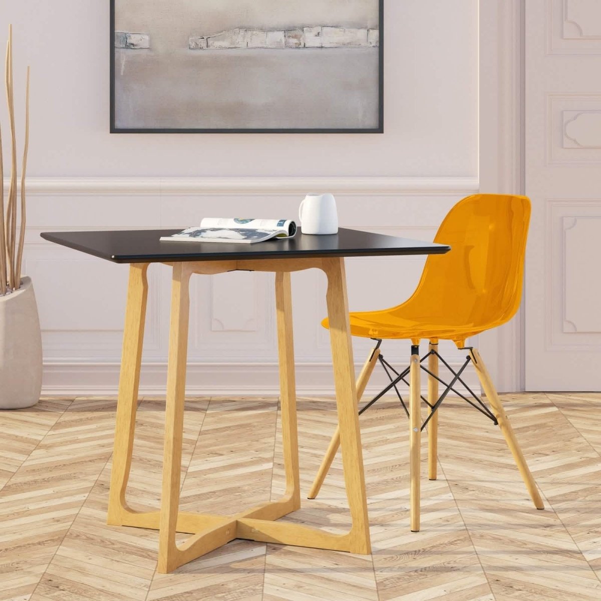 Cresco Modern Dining Side Chair in Curved Back Design with Multiple Base Options: Wood, Acrylic, Chrome & Gold Eiffel Design