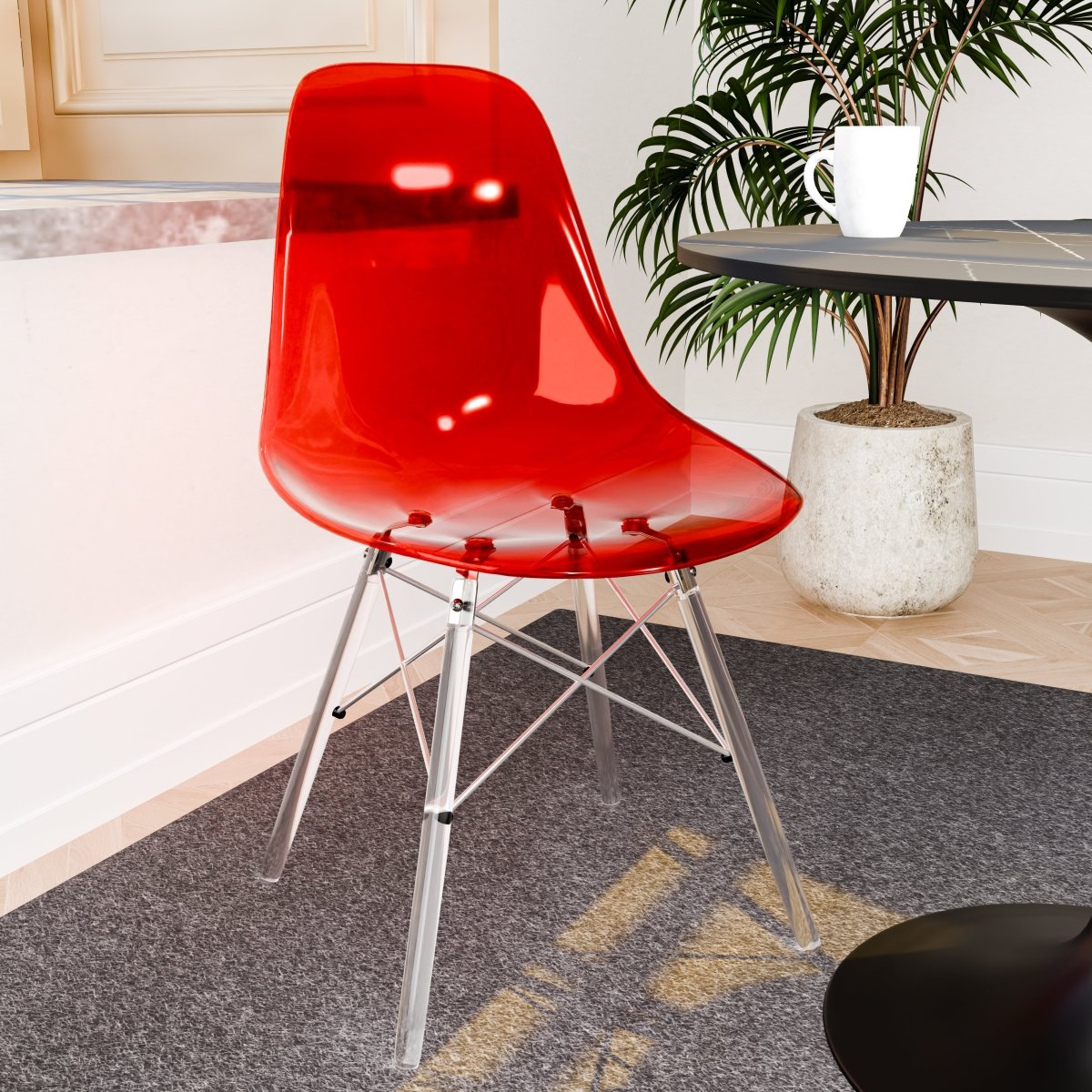 Cresco Modern Dining Side Chair in Curved Back Design with Multiple Base Options: Wood, Acrylic, Chrome & Gold Eiffel Design