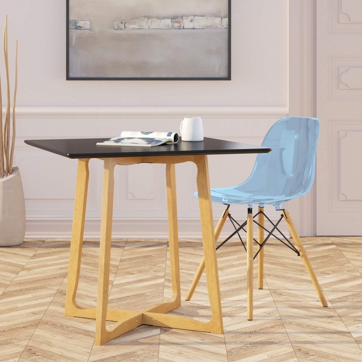 Cresco Modern Dining Side Chair in Curved Back Design with Multiple Base Options: Wood, Acrylic, Chrome & Gold Eiffel Design