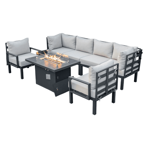 Chelsea 7-Piece Patio Sectional Set in Black Aluminum with Fire Pit Table