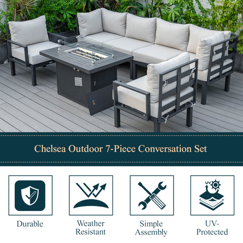 Chelsea 7-Piece Patio Sectional Set in Black Aluminum with Fire Pit Table