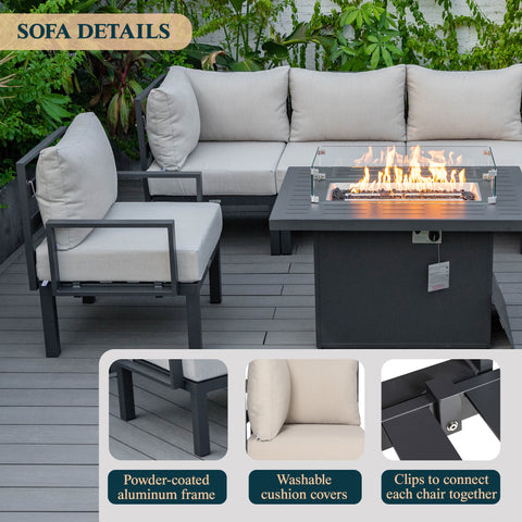 Chelsea 7-Piece Patio Sectional Set in Black Aluminum with Fire Pit Table