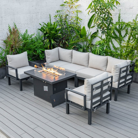 Chelsea 7-Piece Patio Sectional Set in Black Aluminum with Fire Pit Table