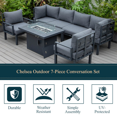 Chelsea 7-Piece Patio Sectional Set in Black Aluminum with Fire Pit Table