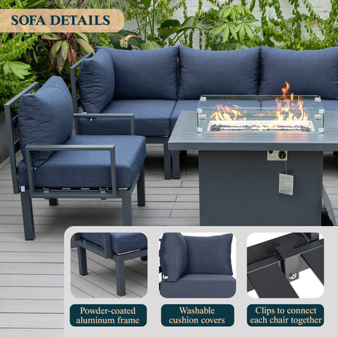 Chelsea 7-Piece Patio Sectional Set in Black Aluminum with Fire Pit Table