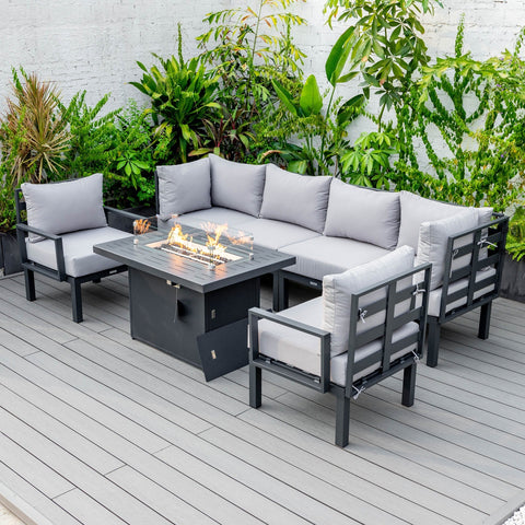 Chelsea 7-Piece Patio Sectional Set in Black Aluminum with Fire Pit Table