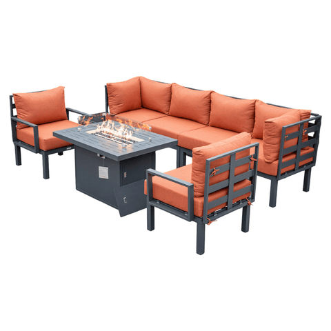 Chelsea 7-Piece Patio Sectional Set in Black Aluminum with Fire Pit Table